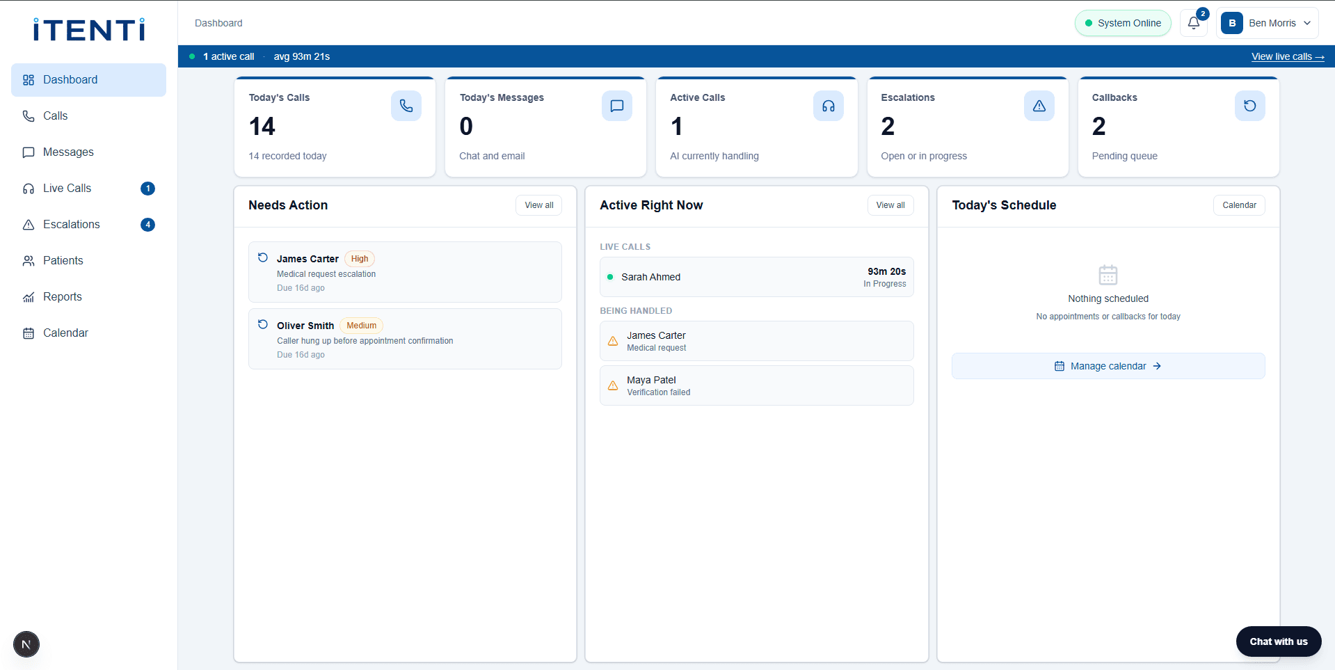 The iTENTi reception dashboard, showing live conversations, escalations and appointments